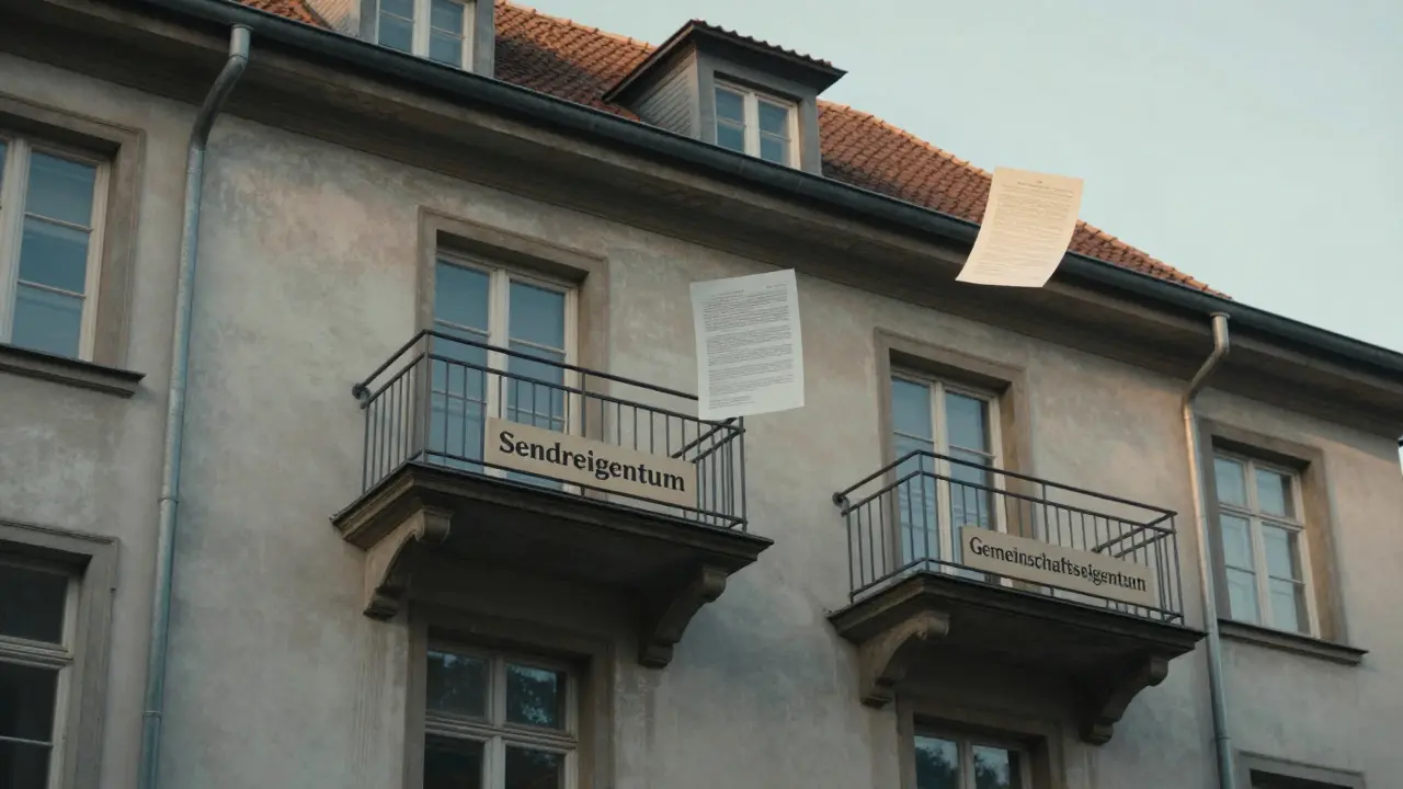 Fassade mit Balkonen und Fenstern, gekennzeichnet als Sondereigentum oder Gemeinschaftseigentum nach deutscher WEG-Reform.