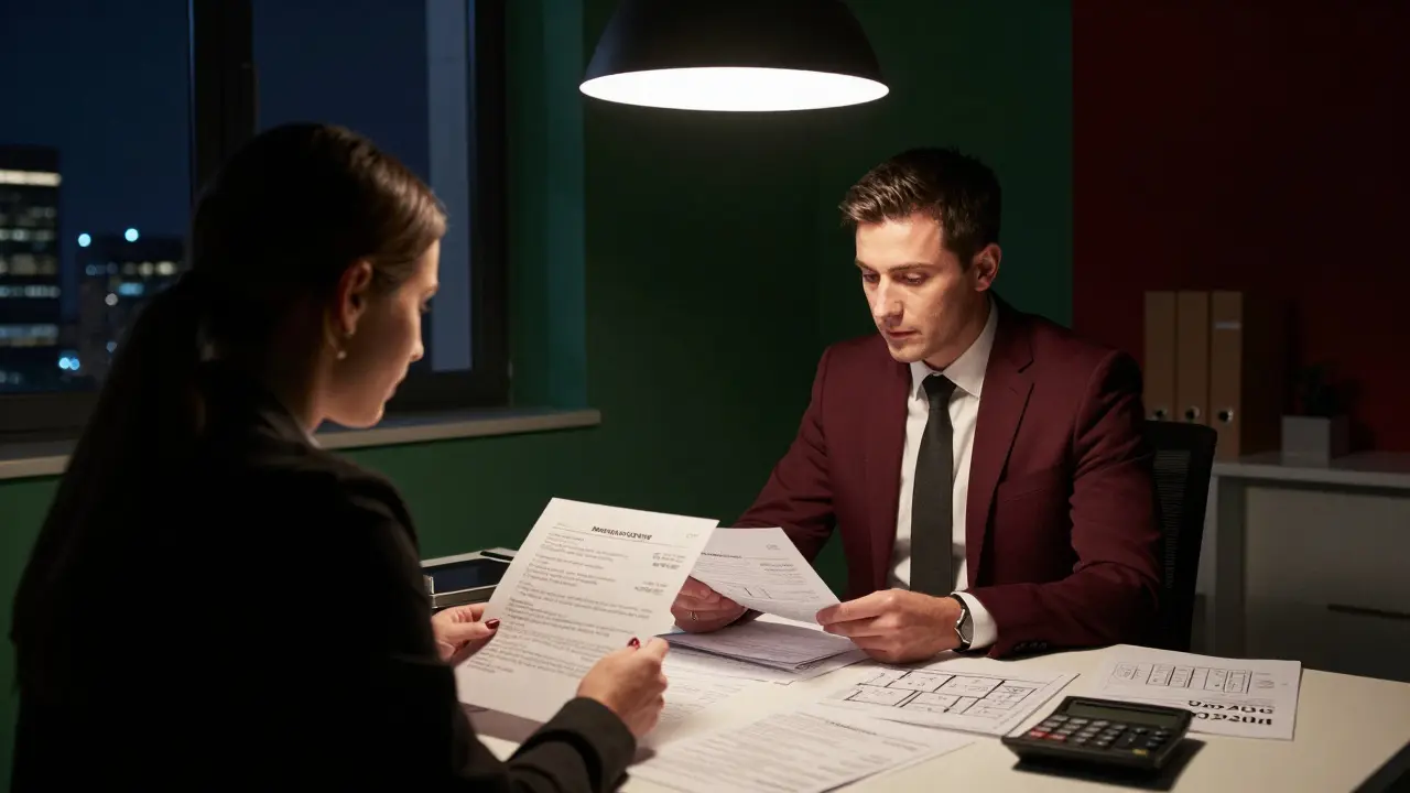 Finanzberater und Kunde analysieren Immobilienkosten mit Berechnungen auf dem Tisch, abendliche Beleuchtung im Hintergrund.