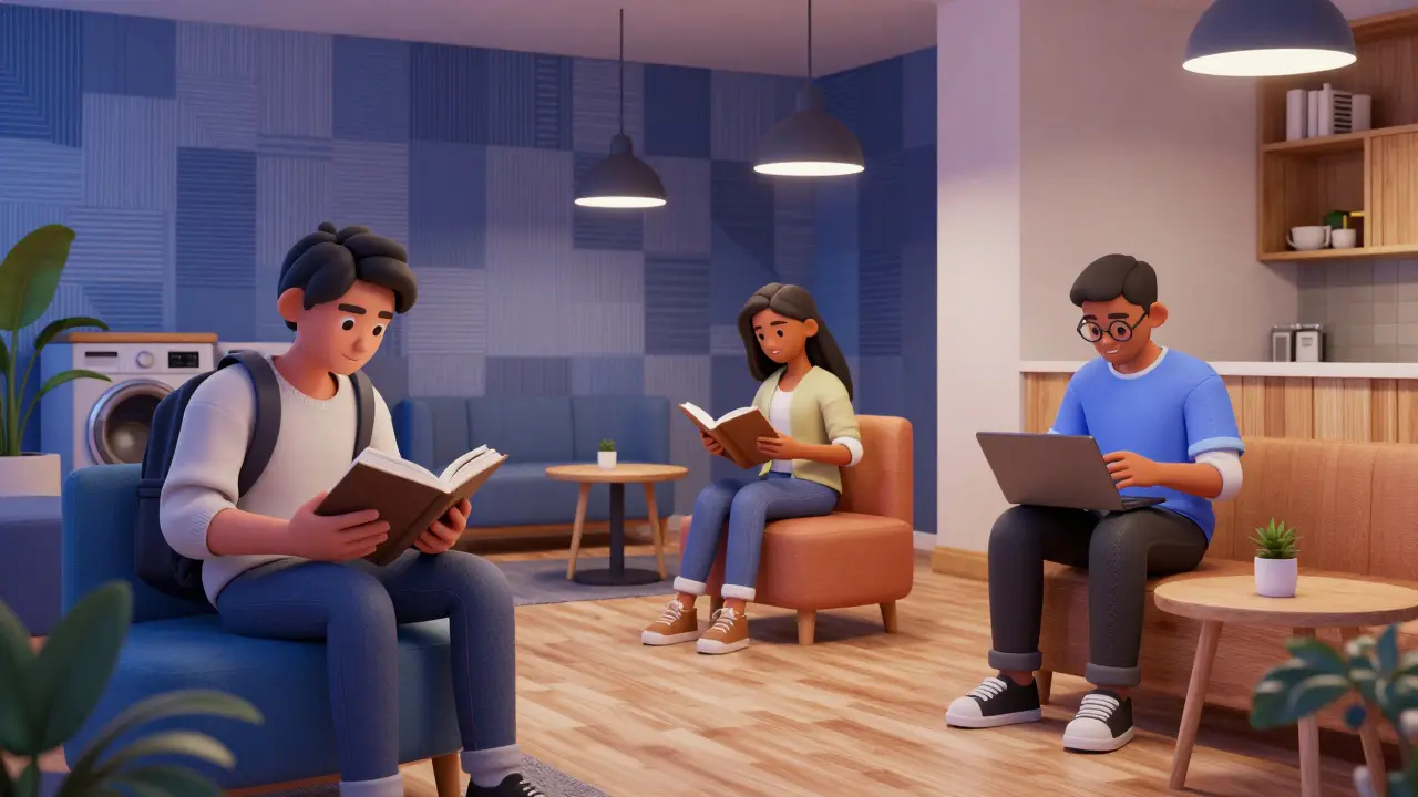 Gemeinsamer Lounge-Bereich mit unterschiedlichen Mietertypen in einer modernen Wohnanlage.