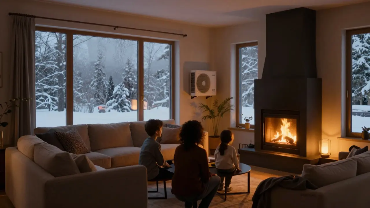 Gemütliches Wohnzimmer mit Wärmepumpe im Hintergrund