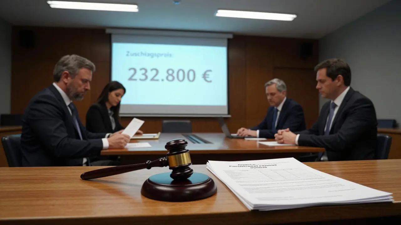 Gerichtssaal in Wien mit Sachverständigengutachten und Bieter, die Zuschlagspreis von 232.800 € auf einem Bildschirm sehen.