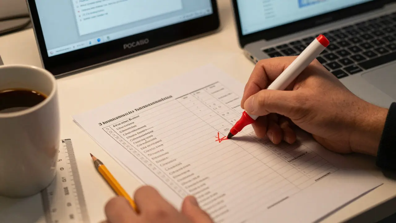 Hand aktualisiert einen Papier-Bauplan mit rotem Stift, neben einem Kaffeebecher und einem Laptop mit POCASIO-Logo.