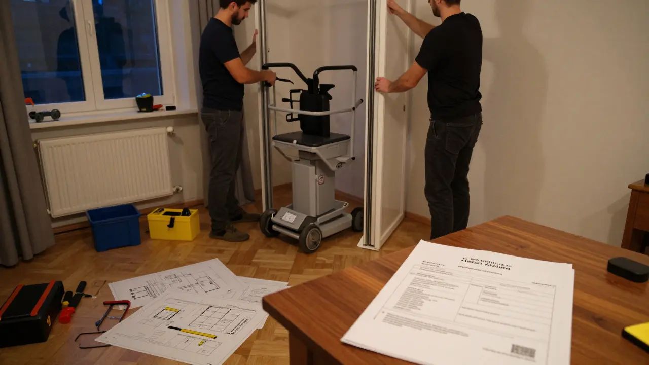Handymen installing a wider door and stair lift in a home, landlord's consent letter visible, realistic interior setting.