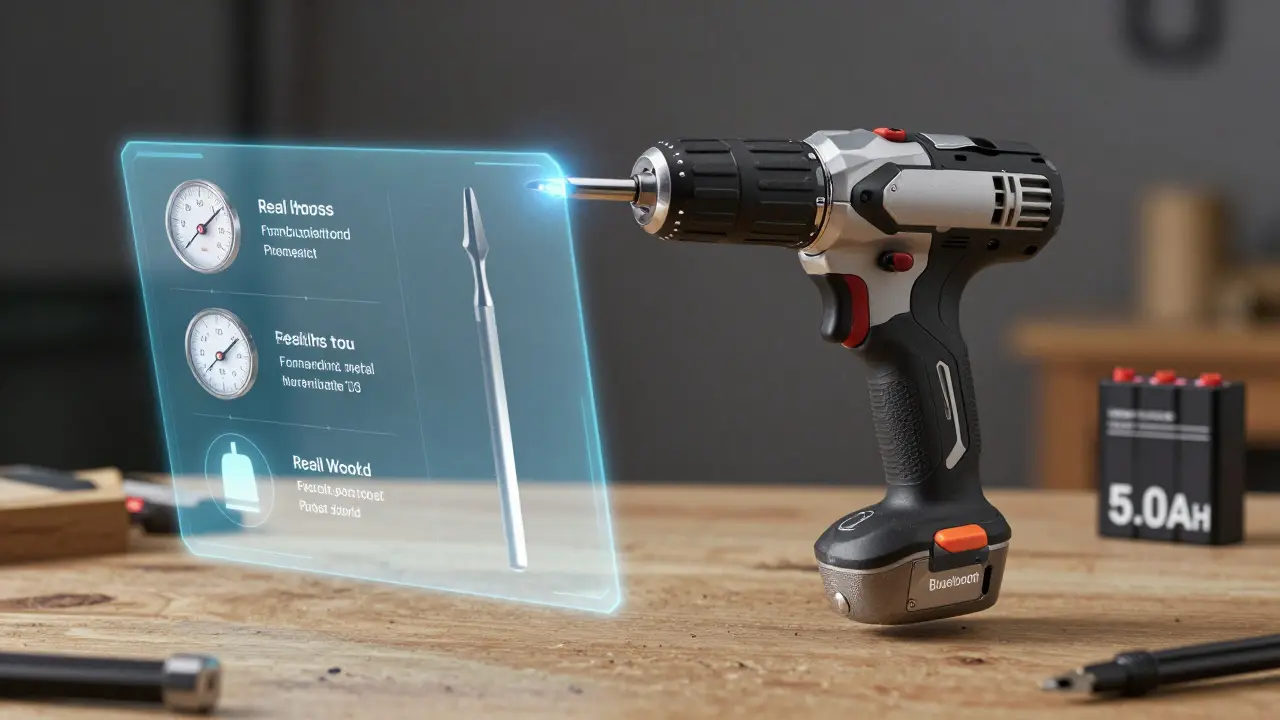 Intelligenter Akkuschrauber mit holografischer Anzeige für Materialtypen, daneben klassische Drehmomentstufen und Akku.