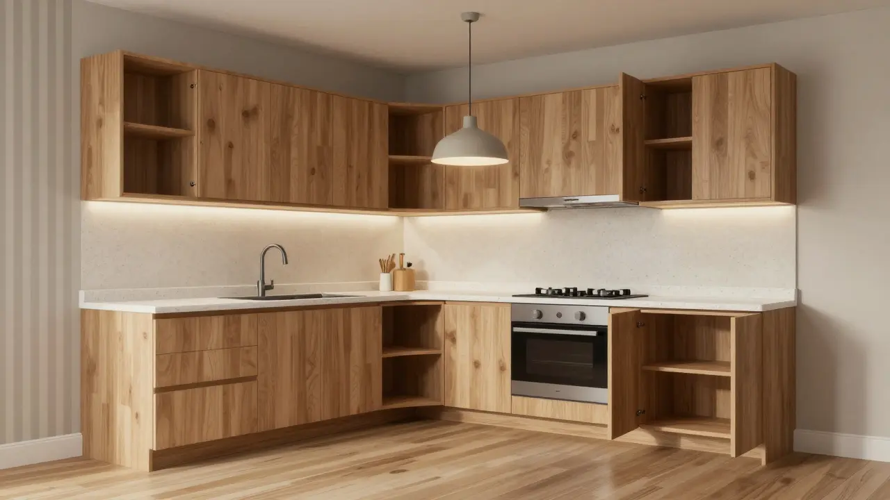 Kompakte Küche mit Auszugschränken, keinem Obergeschoss und vertikalen Streifen an der Wand für höhere Wirkung.