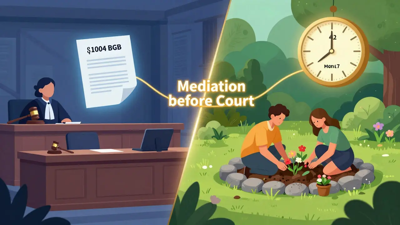 Konzeptuelles Bild: Mediation mit friedlicher Lösung gegenüber einem gerichtlichen Verfahren mit kalter Beleuchtung.