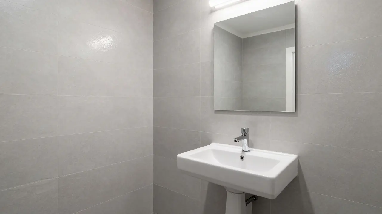 Modernes Badezimmer mit großen Fliesen, spiegelndem Waschbecken und durchgängiger Farbgebung für optische Weite.