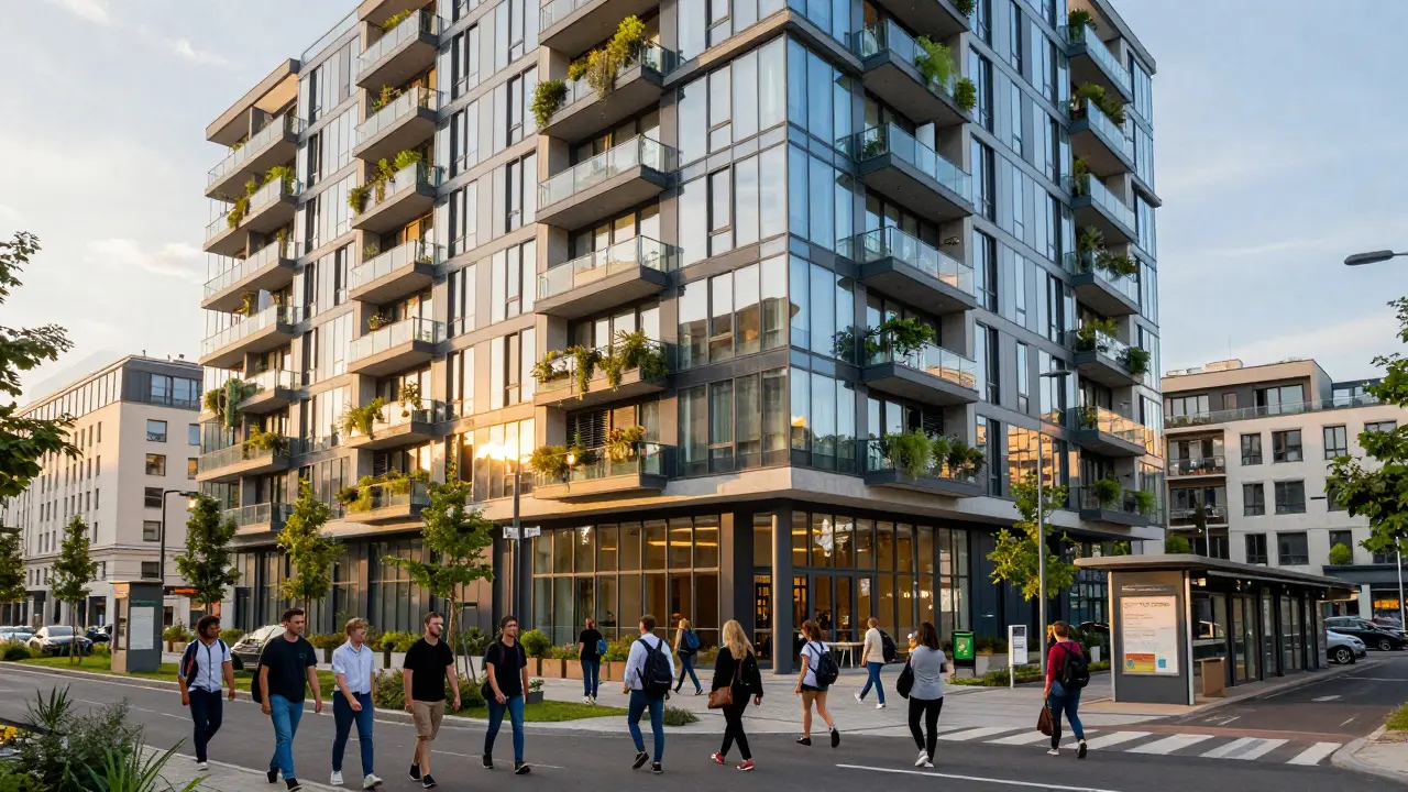 Modernes Hochhaus für Studenten an zentraler Lage mit Verkehrsanbindung im Abendlicht.