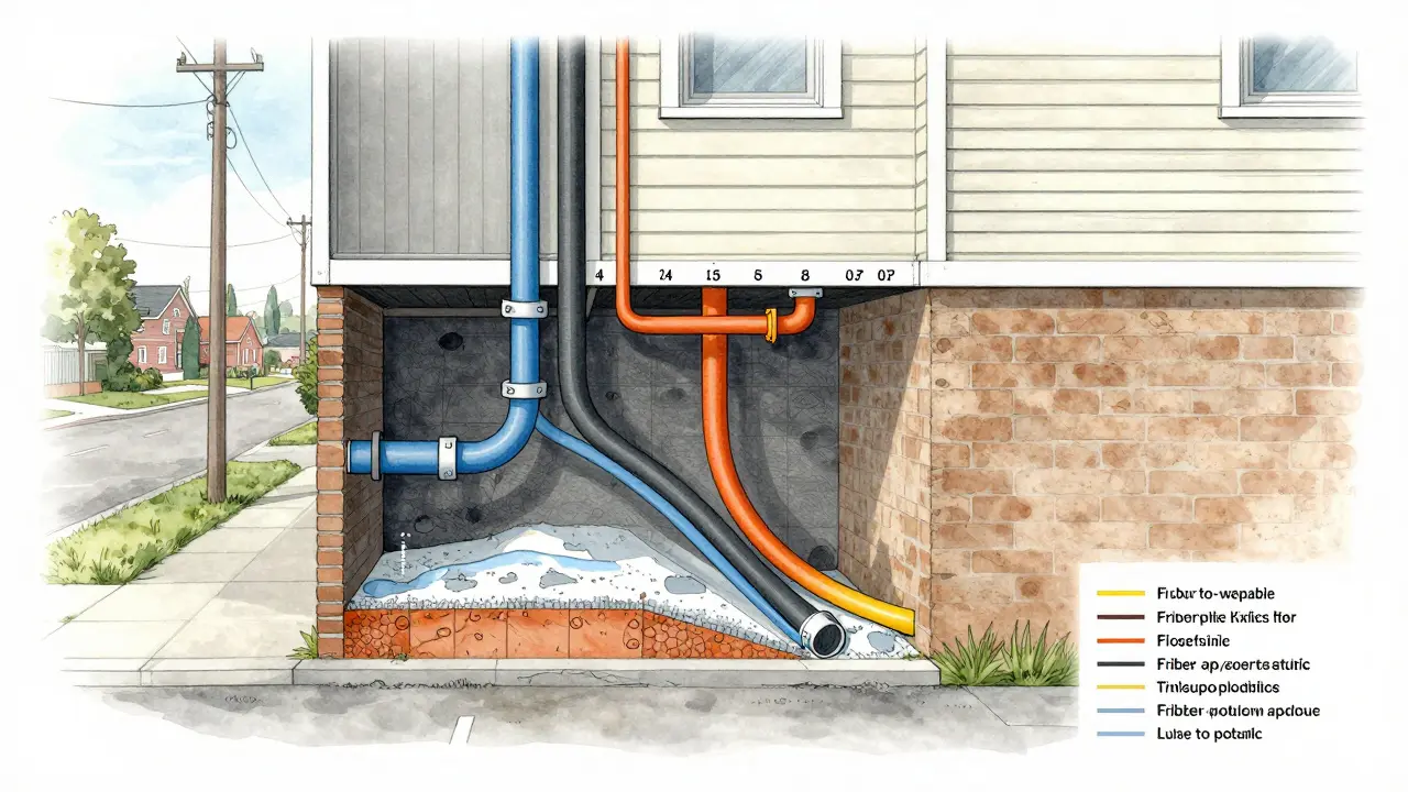 Querschnitt eines Hauses mit vergrabenen Versorgungsleitungen für Wasser, Abwasser, Strom und Internet.