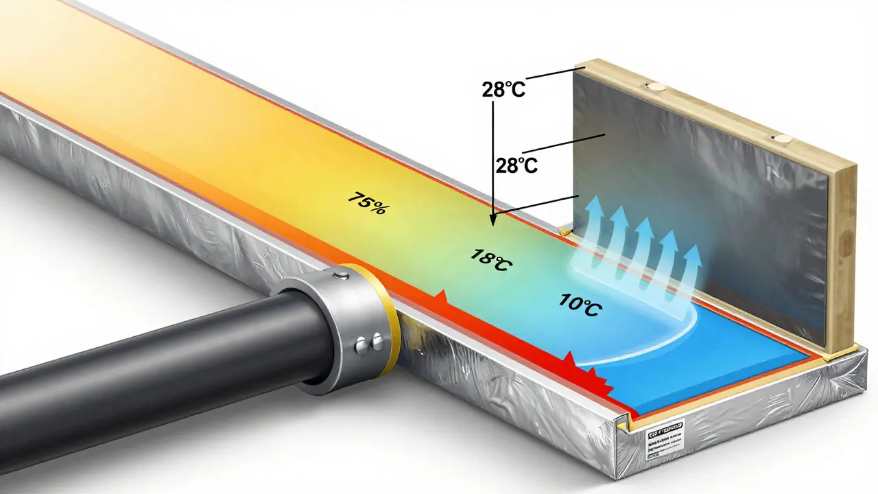 Schnittansicht einer gut gedämmten Kaltwasserleitung mit 25 mm EPDM-Dämmung und abgedichteten Nähten.