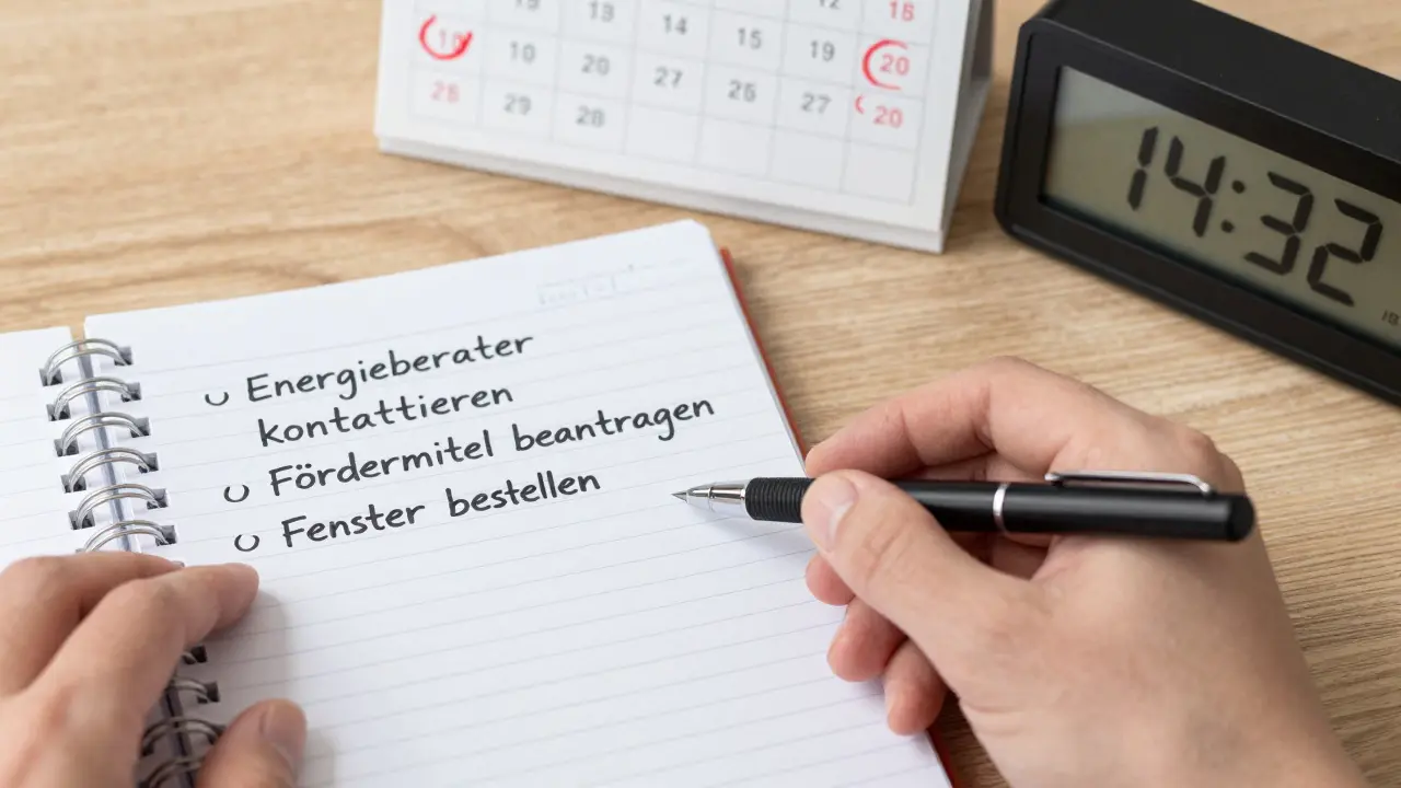 Schreibtisch mit handschriftlichem Renovierungsplan und rot markiertem Datum