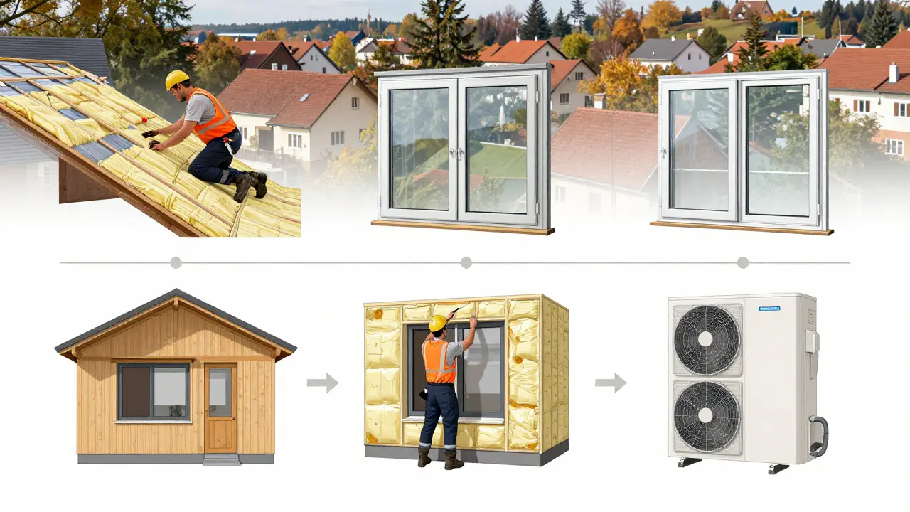 Schrittweise Sanierung eines Hauses: Dachdämmung, Fenstertausch, Fassadendämmung und Wärmepumpe in einer illustrierten Reihenfolge.