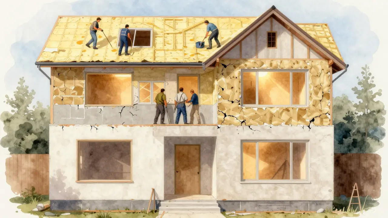 Schrittweise Sanierung eines Hauses von außen nach innen: Dach, Fassade, Fenster, dann Innenausbau.