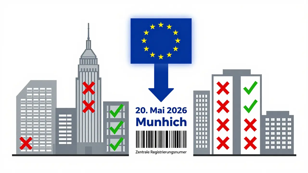 Split-city skyline showing registered versus unregistered short-term rentals with EU 2026 regulation symbol.