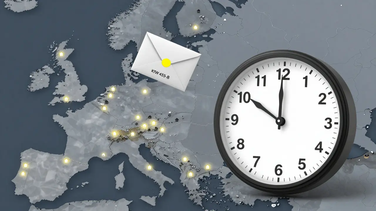 Ticking clock over Germany with few lit homes, one KfW application envelope racing against time, symbolic urgency.