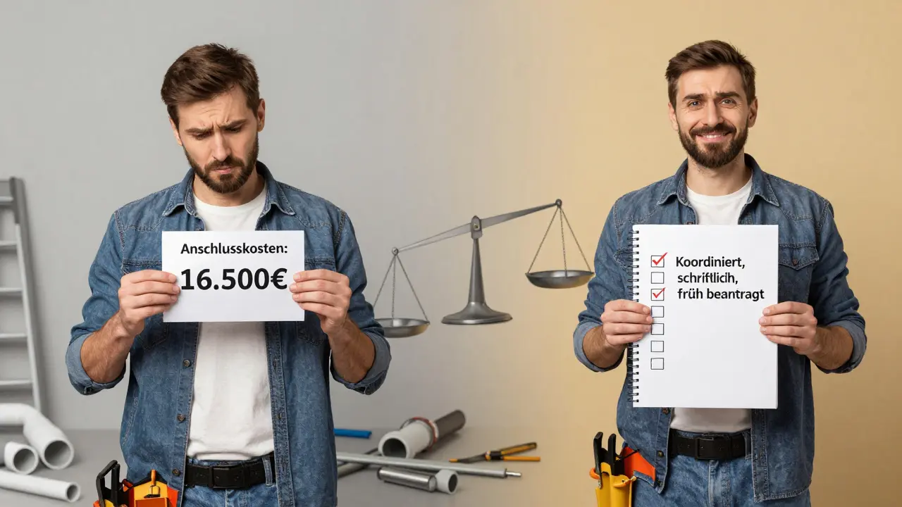 Vergleich: Ein Bauherr vor hohen Kosten vs. derselbe mit geplanter, günstiger Lösung.