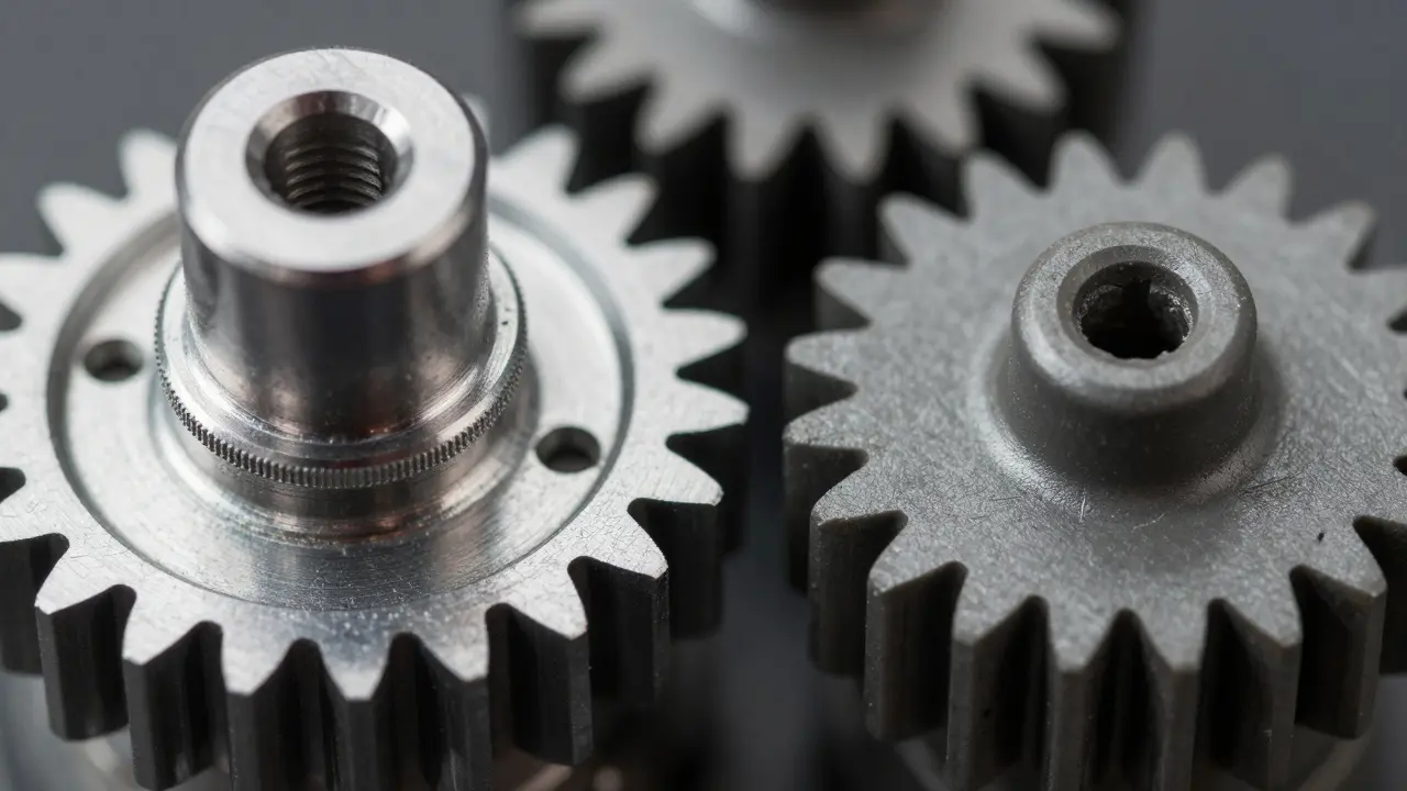 Vergleich zwischen robusten Metallzahnrädern und billigem Plastik.