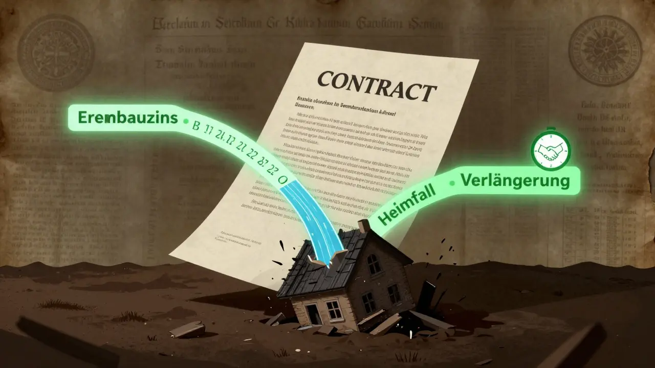 Vertrag mit Erbbauzins, Heimfall und Verlängerung als visuelle Pfade in Licht und Schatten.