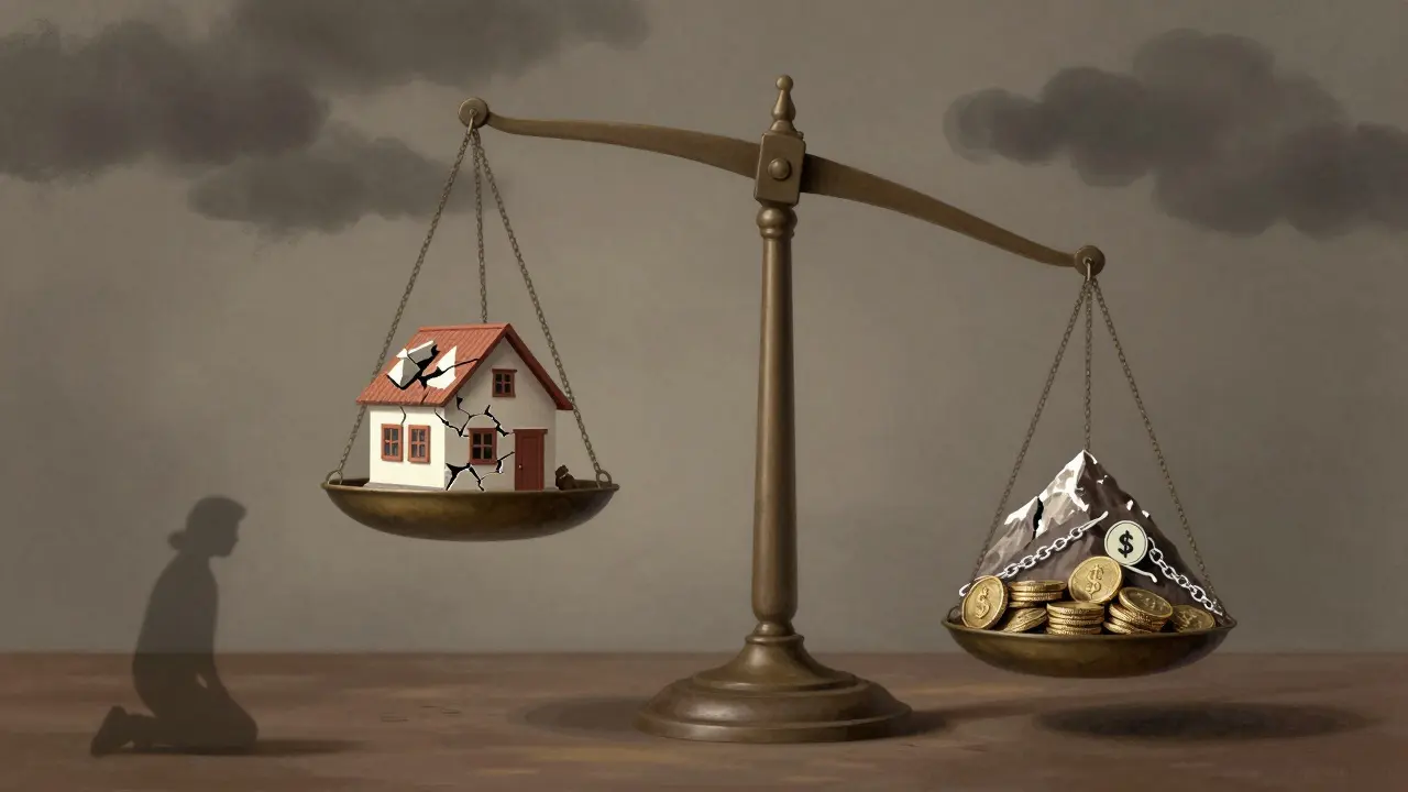 Waage mit Haus und Schuldenbergen, die Ungerechtigkeit des Zwangsversteigerungssystems symbolisiert.