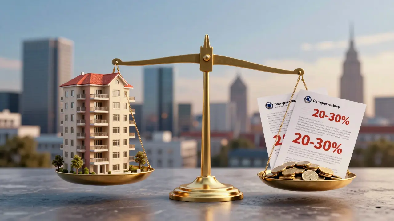 Waage mit Immobilie und Finanzmitteln im Gleichgewicht, dargestellt als visuelles Symbol für optimale Eigenkapitalquote.