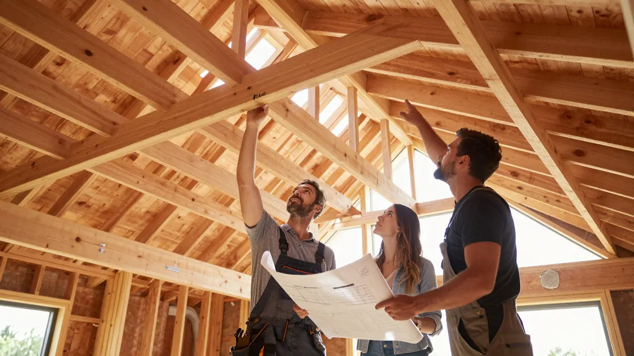Bauherr und Handwerker diskutieren bei einer hochwertigen Holzdachsanierung.
