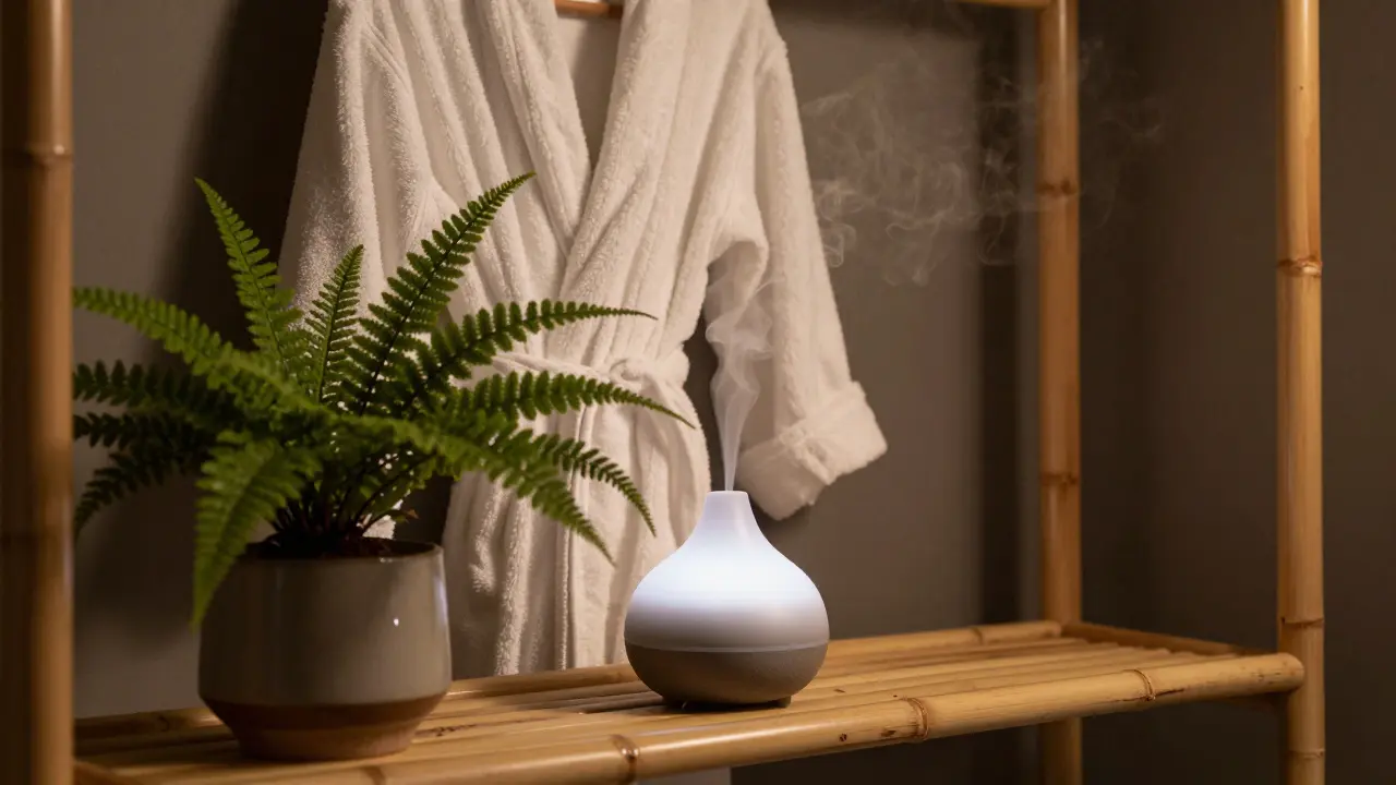 Detailansicht eines Wellness-Bads mit Diffuser, Farn und einem weichen Bademantel.