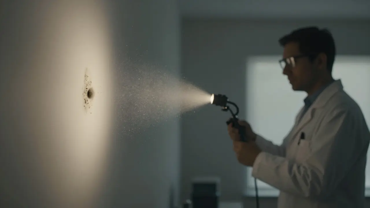 Ein Experten mit Luftmessgerät in einem Raum mit schwebenden Sporen