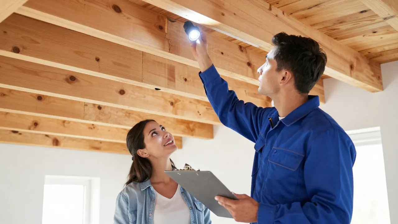 Ein Gutachter prüft gemeinsam mit einem Käufer den Zustand eines Dachbodens