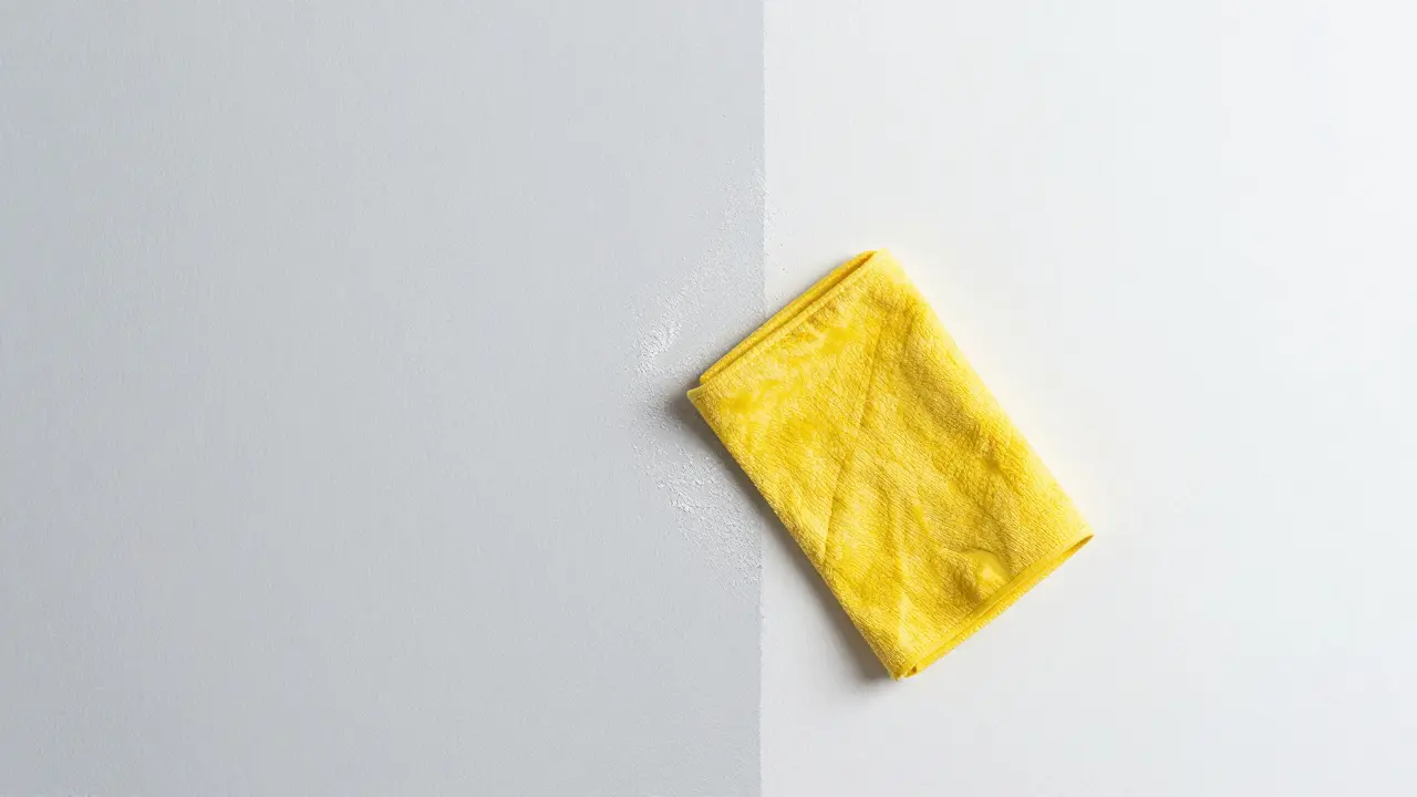 Entstauben einer glatten Wand mit einem Mikrofasertuch vor dem Anstrich