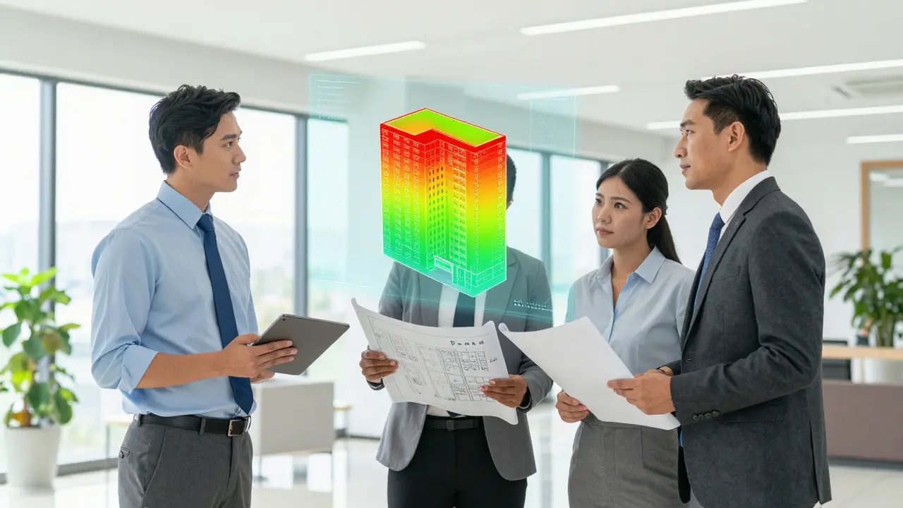 Expertenteam analysiert die CO2-Bilanz eines Gebäudes mithilfe eines digitalen Modells.