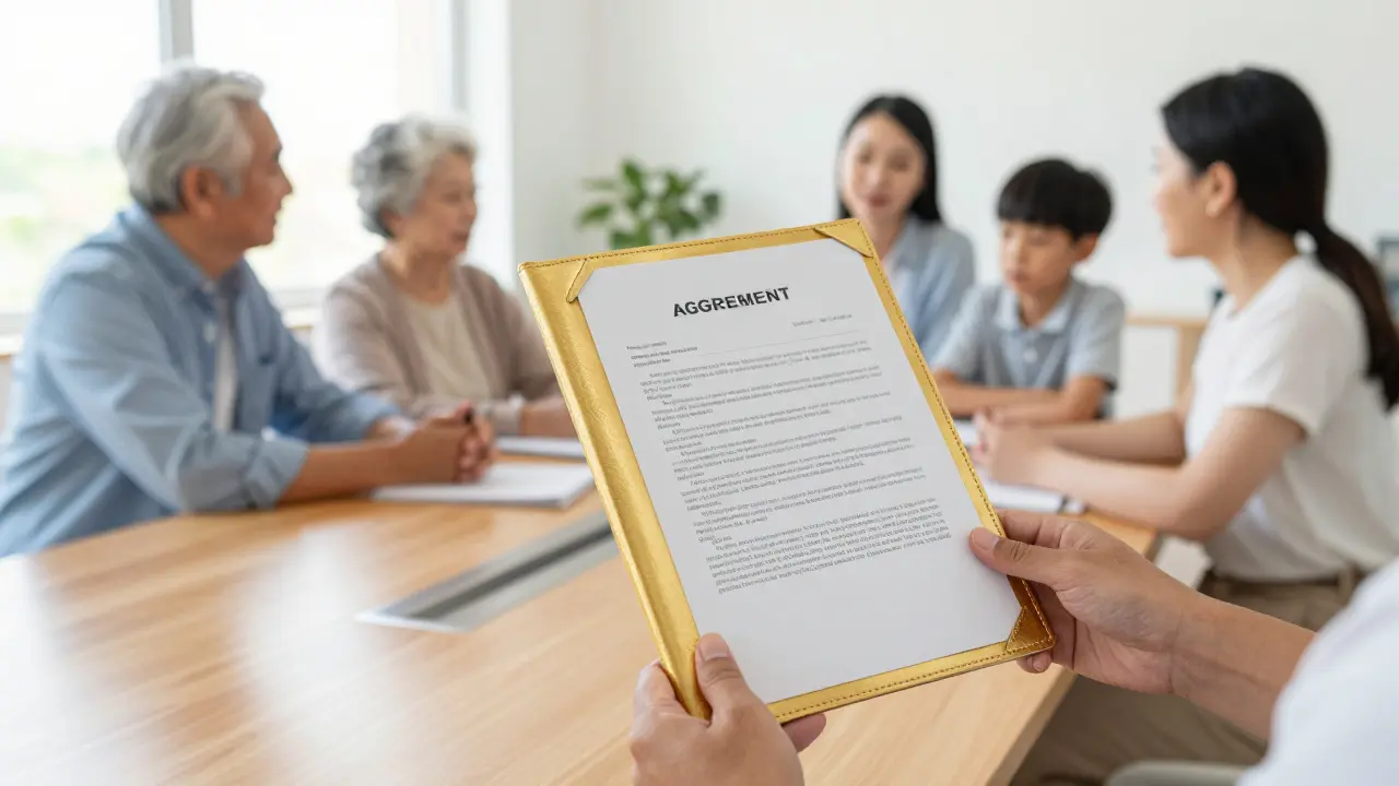 Familie bespricht bei einem Notartermin die strategische Übertragung von Immobilienwerten.