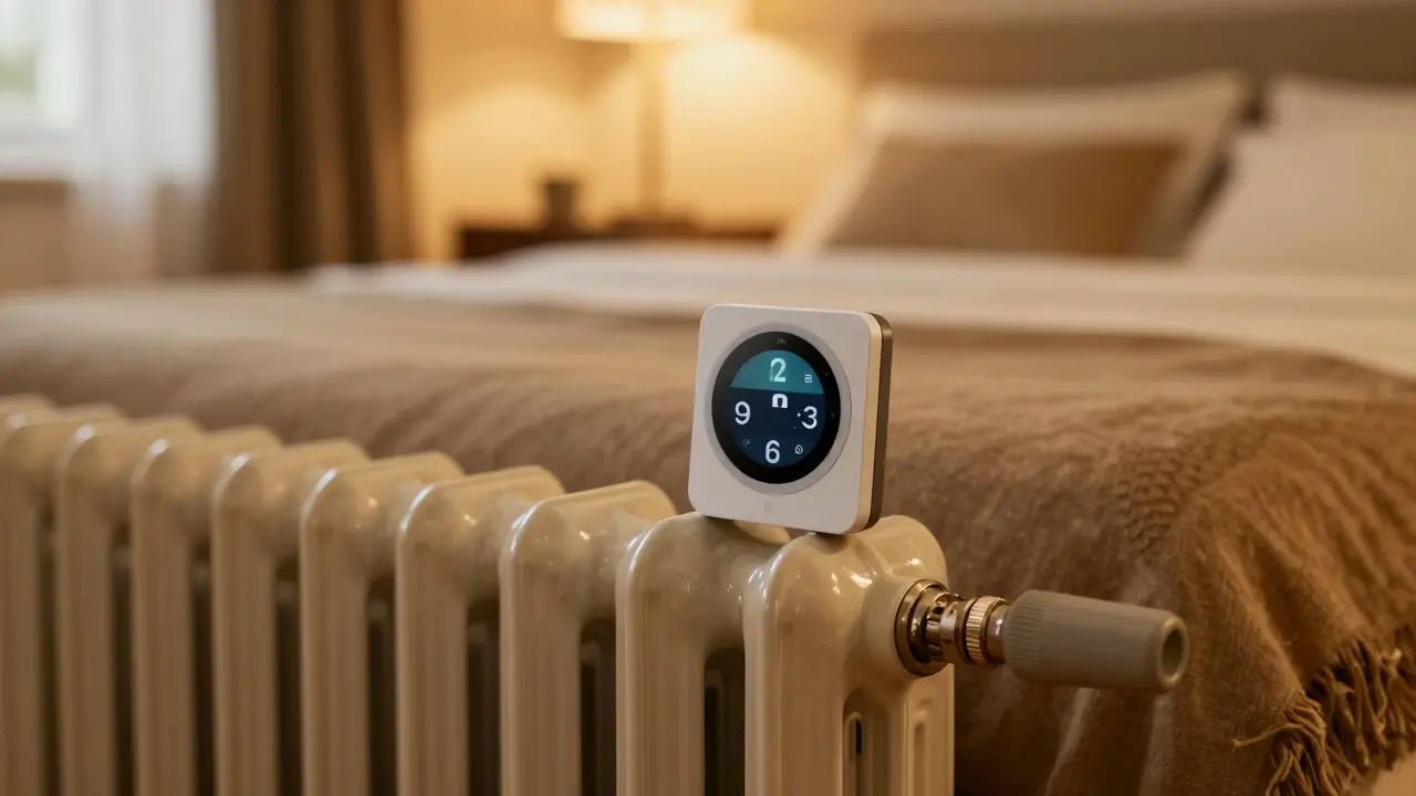 Gemütliches Schlafzimmer im Altbau mit einem modernen smarten Heizkörperthermostat.