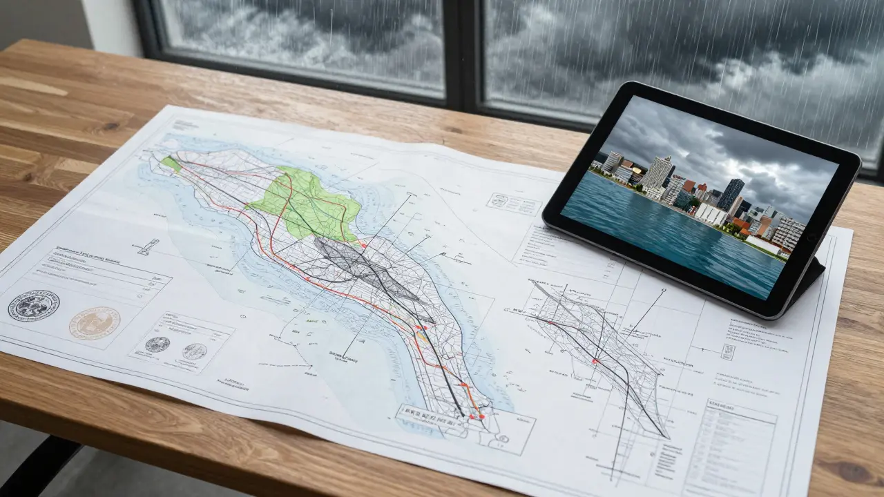 Hydrologische Pläne und Karten auf einem Schreibtisch vor einem Gewitterhintergrund.