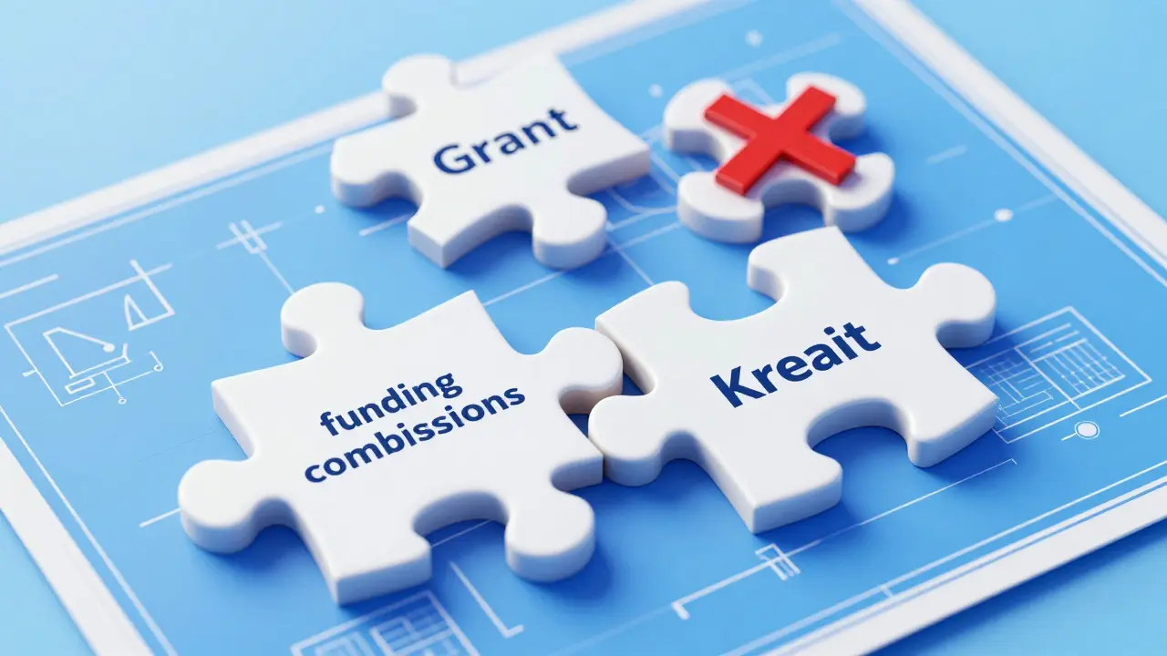 Isometrische Illustration von Puzzleteilen, die die Kombination von Zuschüssen und Krediten zeigt.