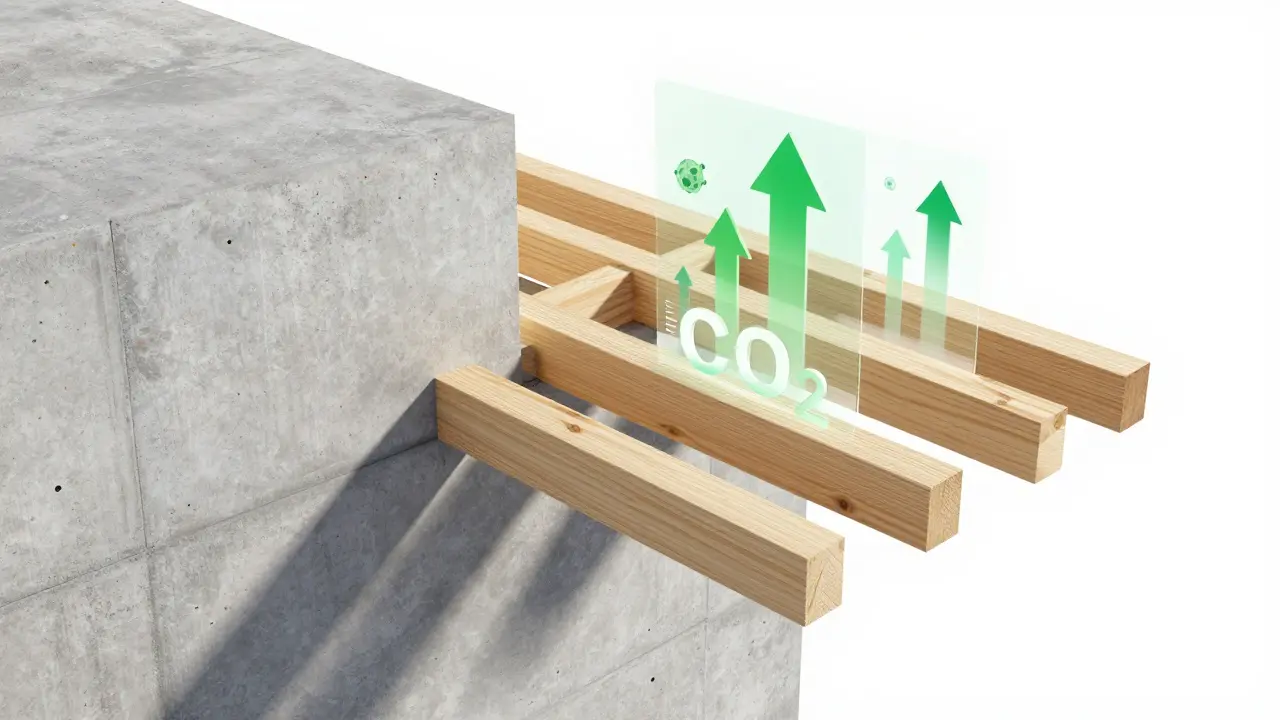 Konzeptbild zum Austausch von Beton durch CO2-speicherndes Holz in einer Gebäudewand.