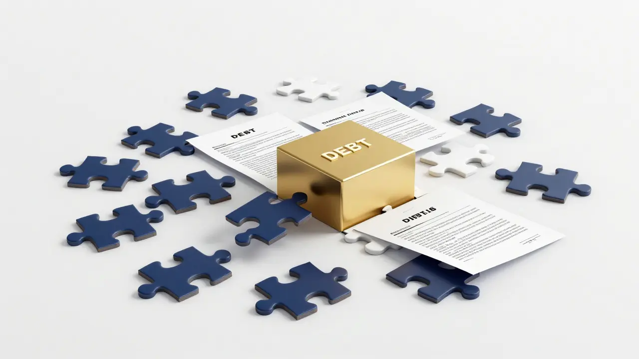 Konzeptuelle Darstellung der Bündelung vieler kleiner Kredite zu einem einzigen Darlehen.