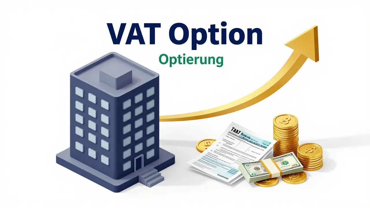 Konzeptuelle Darstellung der Umsatzsteuer-Optierung als finanzieller Hebel für Rendite.