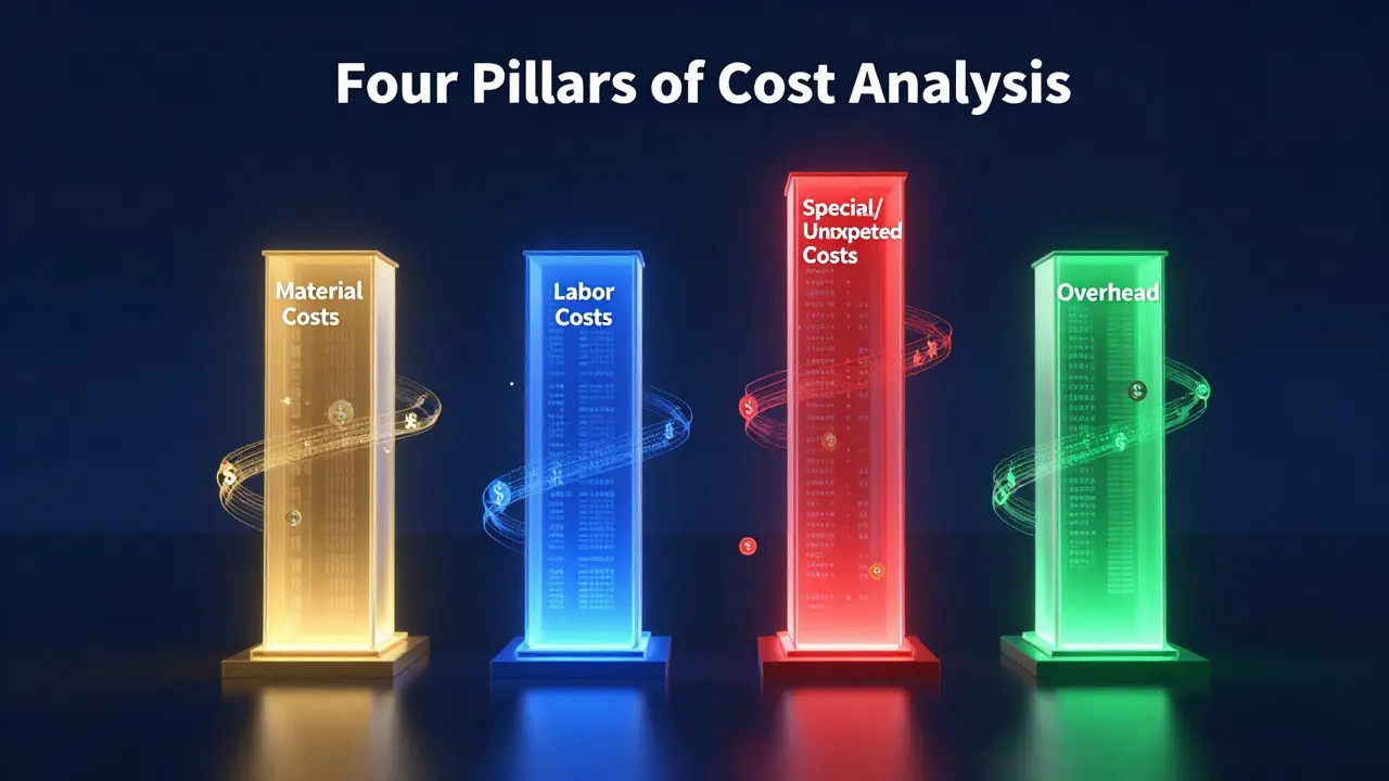 Konzeptuelle Darstellung der vier Säulen der Kostenanalyse in einem futuristischen 3D-Design.