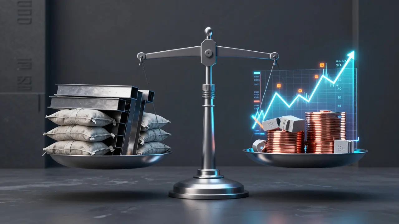 Konzeptuelle Darstellung von Baumaterialien und einem digitalen Preisindex-Graphen.