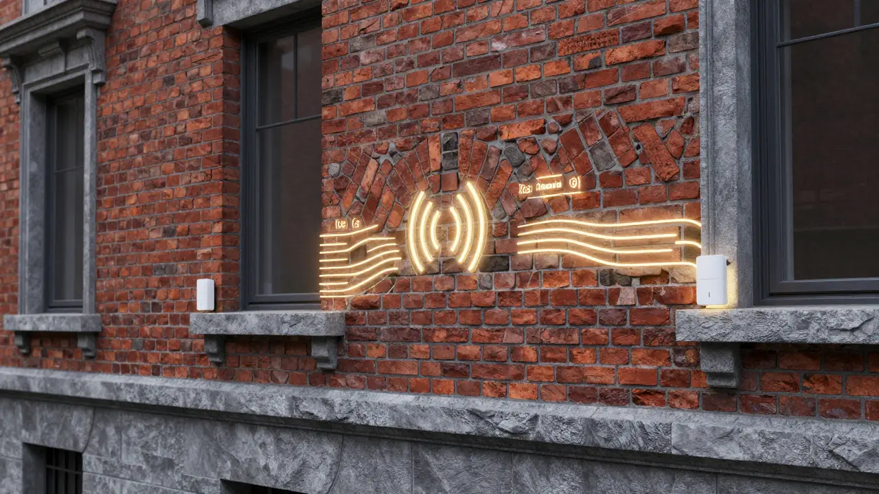 Konzeptuelle Darstellung von smarten Sensoren und Funksignalen in einer massiven Ziegelwand.