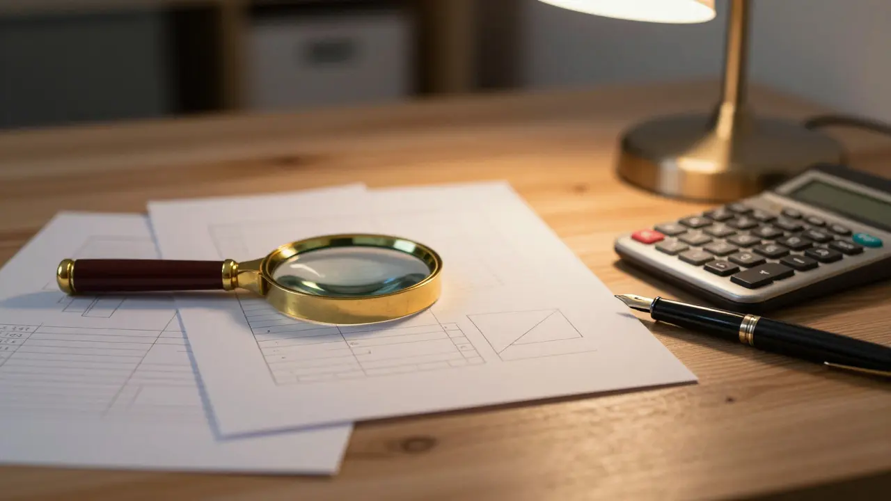 Lupe über unpersönlichen Papierdokumenten auf dunklem Holztisch