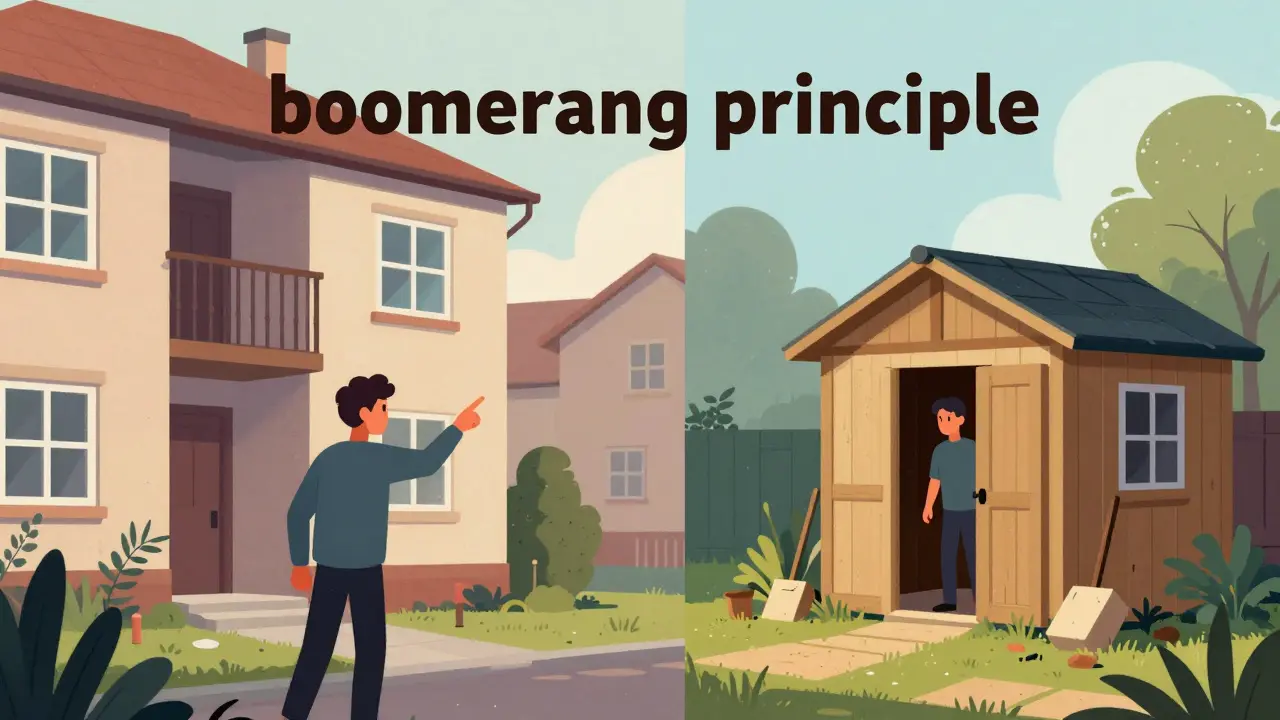 Metaphorische Darstellung eines Nachbarschaftsstreits über illegale Bauwerke auf beiden Grundstücken.