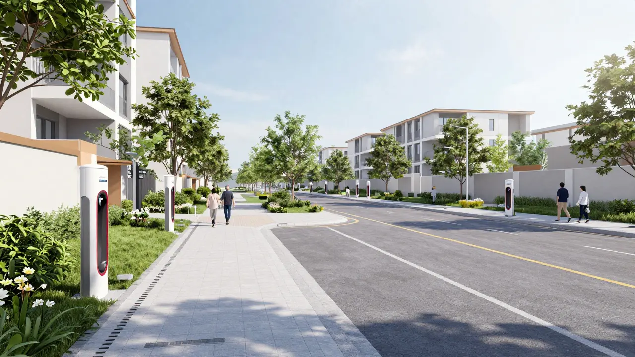 Moderne, nachhaltige Wohnsiedlung mit E-Ladestationen und Grünflächen
