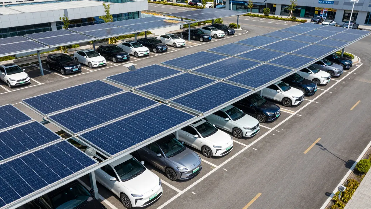 Moderner Solar-Carport auf einem Parkplatz mit Elektroautos unter PV-Modulen.