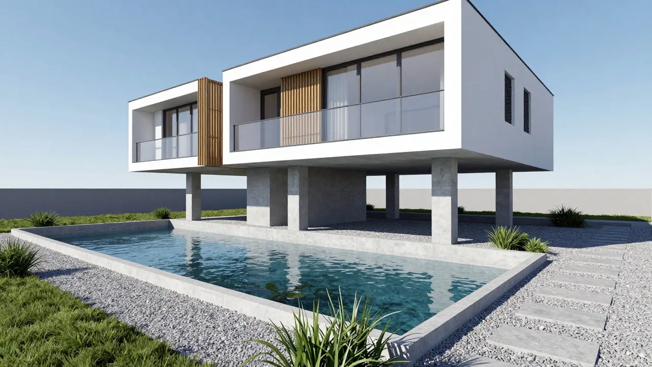 Modernes Haus in Stelzenbauweise mit integriertem Hochwasserrückhaltebecken.