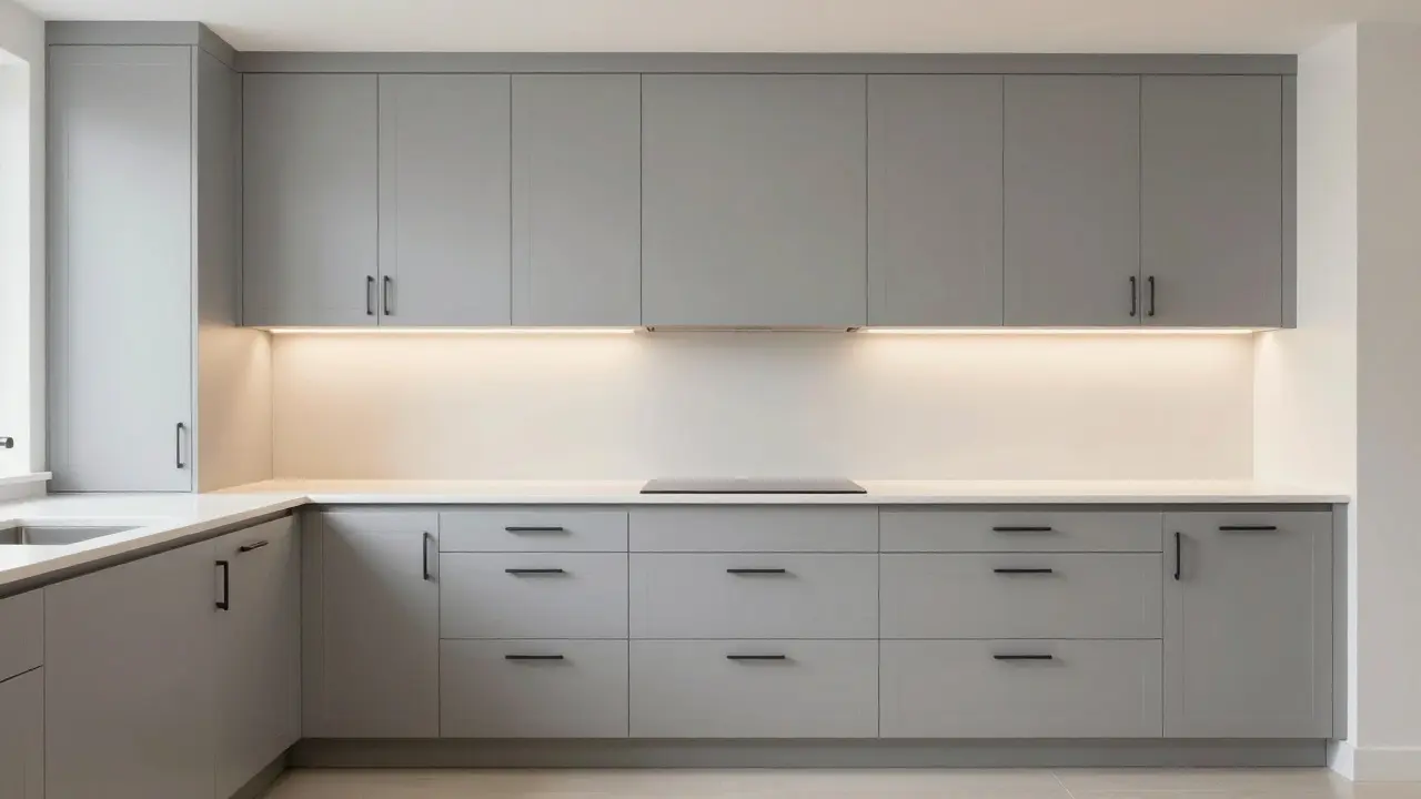 Modernisierte Küche mit hellgrau gestrichenen Schränken und schwarzen Griffen