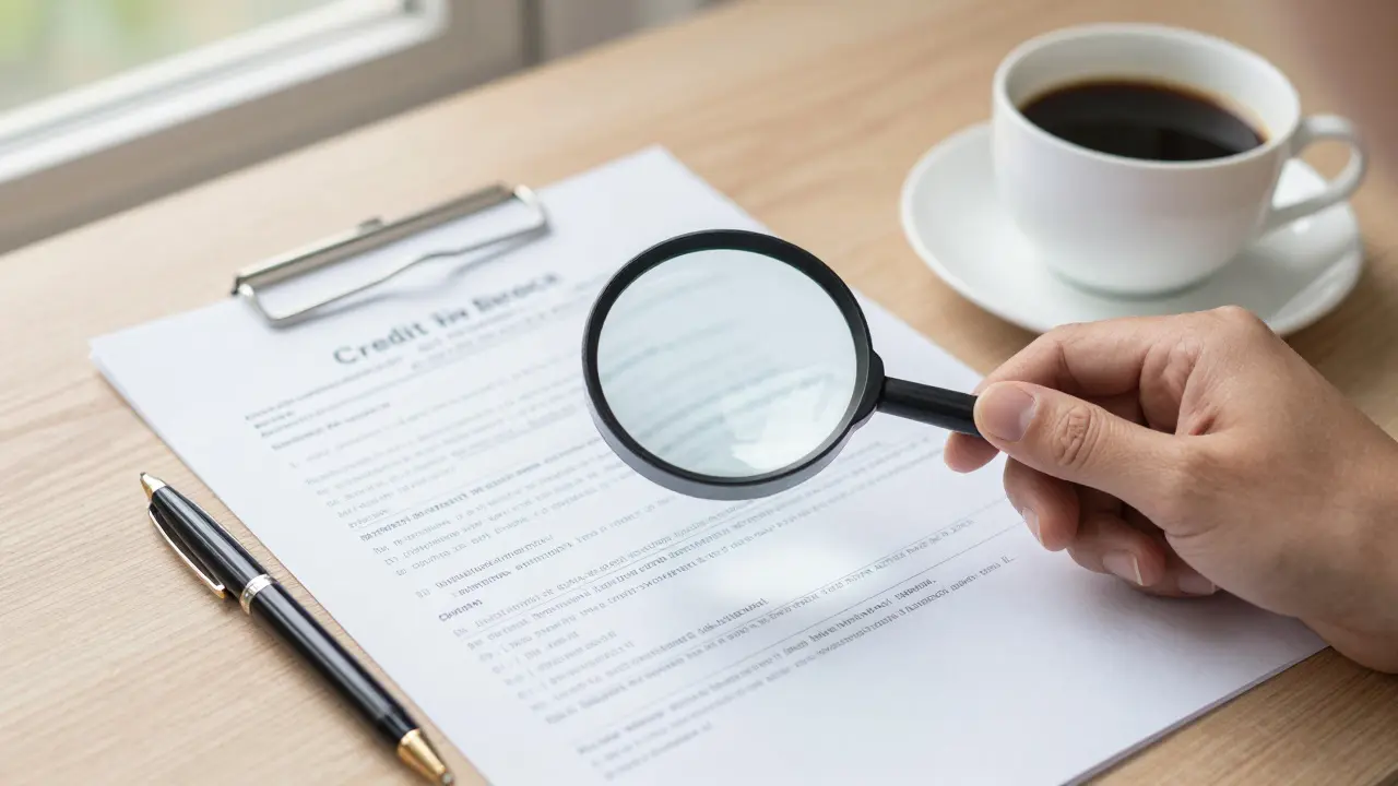 Nahaufnahme einer Person, die Finanzunterlagen mit einer Lupe auf Fehler prüft.