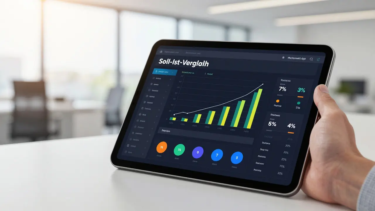 Nahaufnahme eines Tablets mit einer Software zur Budgetanalyse in einem modernen Büro.