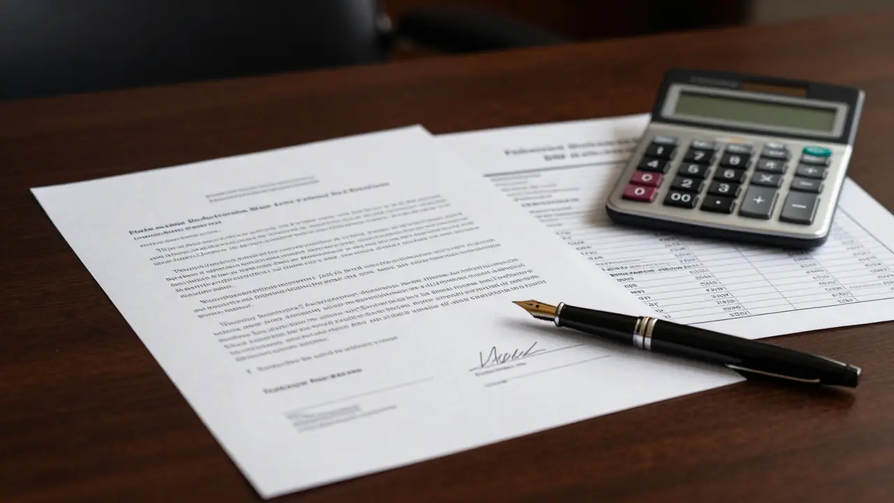 Notarieller Vertrag, Füller und Kalkulator auf einem Schreibtisch zur Immobilienübertragung.
