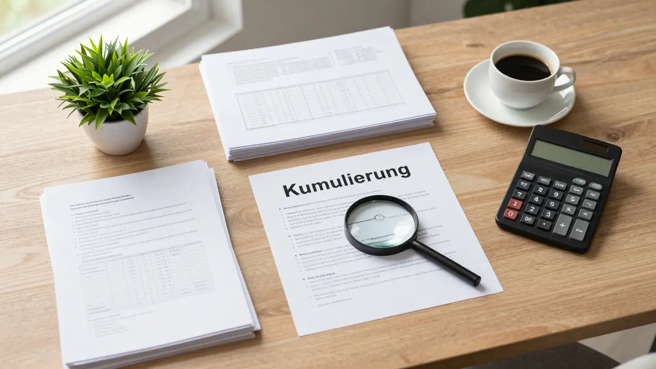 Organisierter Schreibtisch mit Dokumenten und Lupe zur Planung der Fördermittelkombination.